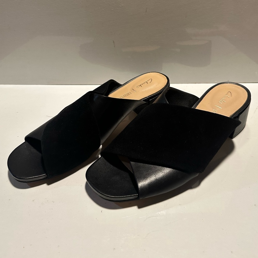 Clarks Suede/Faux Leather Bock Heel Sandal
